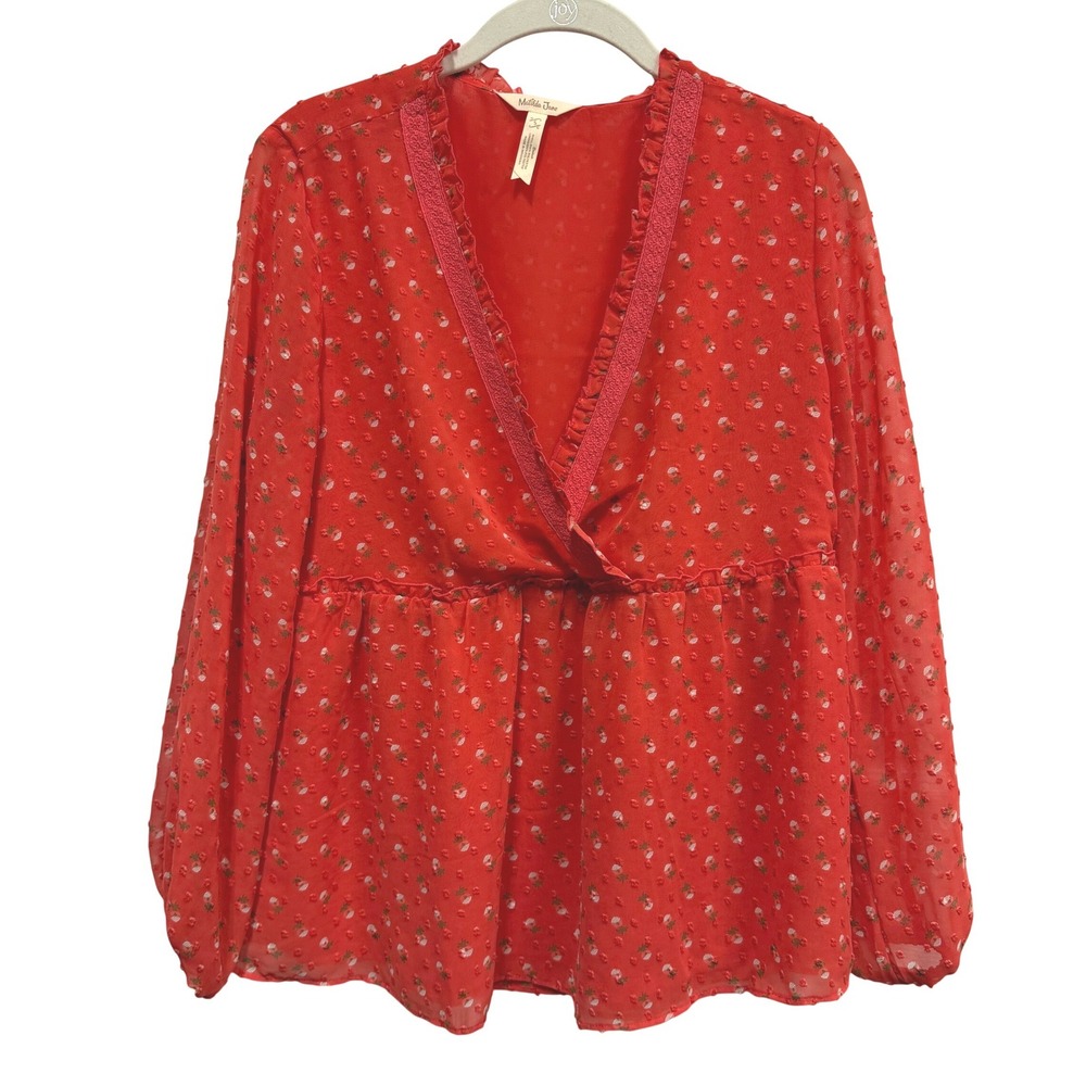 Matilda Jane Must Be Love Dot Peplum Blouse V-Neck Strawberry Color